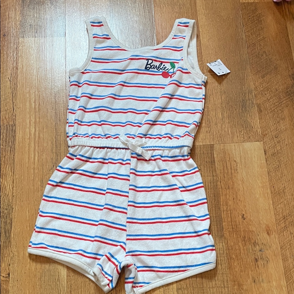 Barbie 🍒 Logo 5T Terry Cloth Romper Cherry Stripes 💙❤️